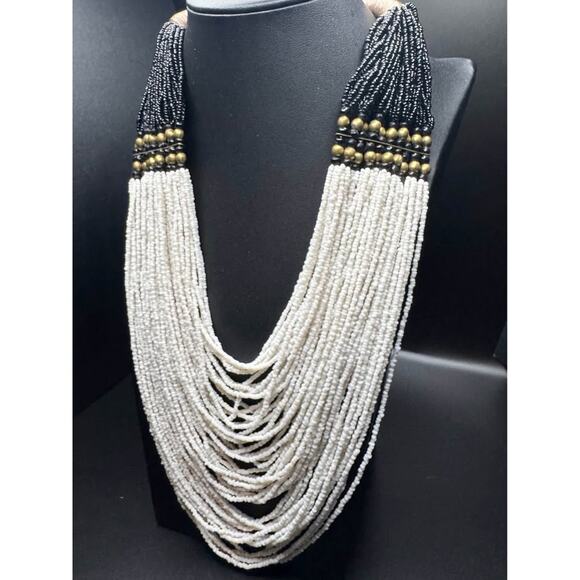 Vintage Handmade Multistring White and black Beaded Statement Necklace - Picture 6 of 9